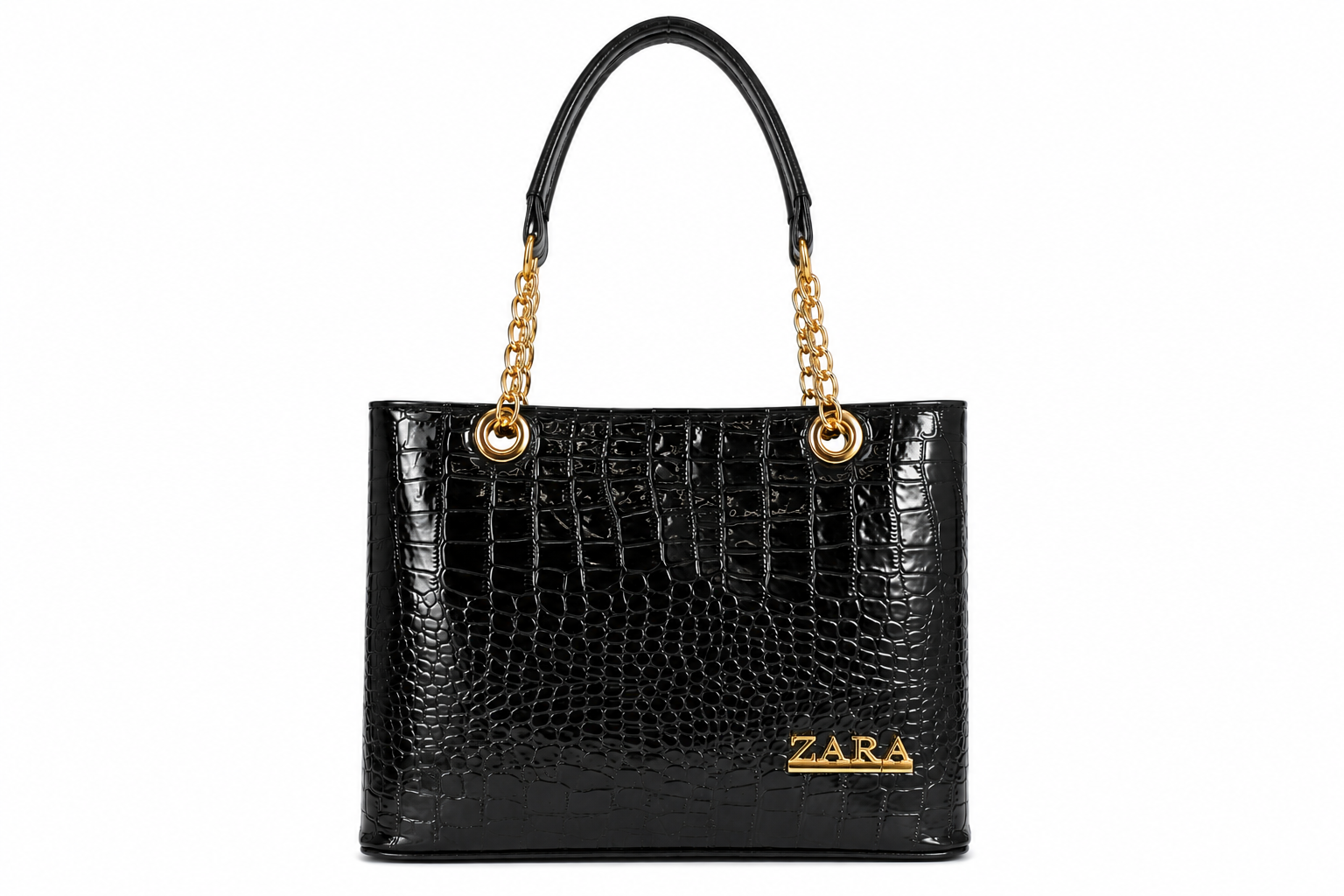 کیف دستی و دوشی زنانه ورنی طرح (کروکودیلی) – ZARA مشکی براق